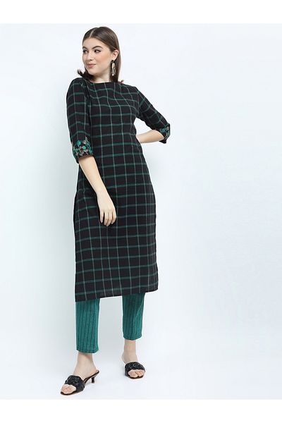 Vishudh By Styli Women Black & Teal Checked Cotton Kurta Set