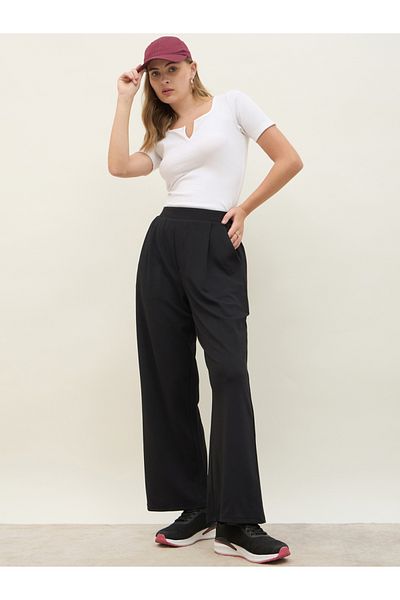 Styli Mid Rise Wide Leg Pants with Elasticated Waistband