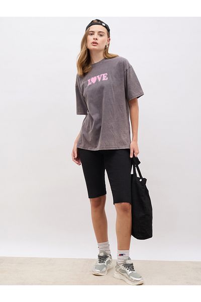 Styli Acid Wash Slogan Print Oversized T-Shirt