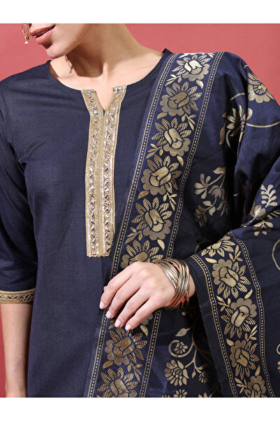 Vishudh By Styli Women Navy Blue Printed Kurta Set with Dupatta