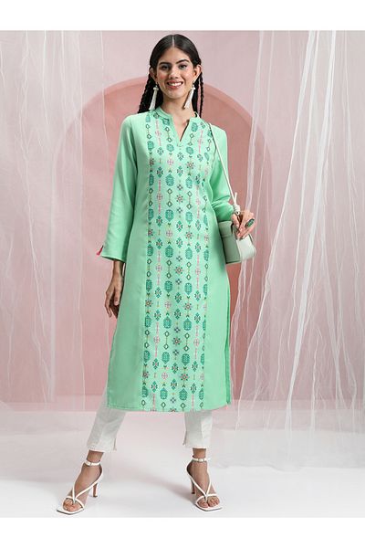 Vishudh By Styli Women Green Printed Straight Kurta