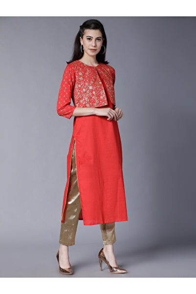 Vishudh By Styli Red Printed Cotton Kurta with Crop Jacket for Women