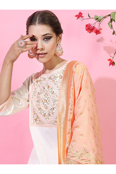 Vishudh By Styli Women Cream Embroidered Kurta Set with Dupatta