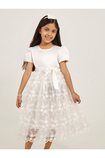 Styli Embroidered Bow Detail Puff Sleeves Dress