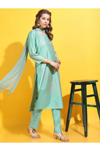 Vishudh By Styli Women Green Printed Viscose Kurta Set