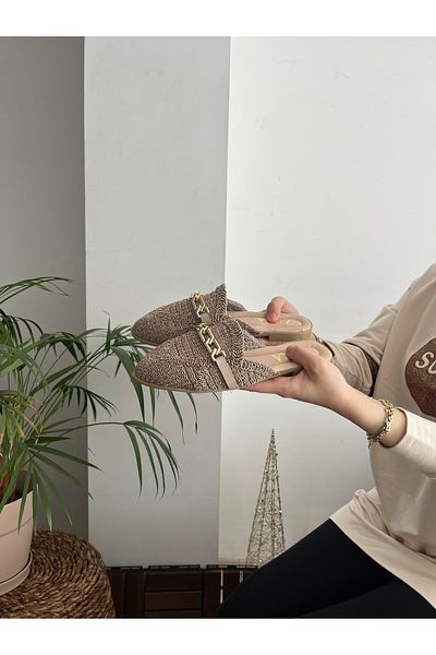 Behtah Kundura Women's Closed Front Straw Slippers Lace Knitted Chain Dowry Casual Slippers