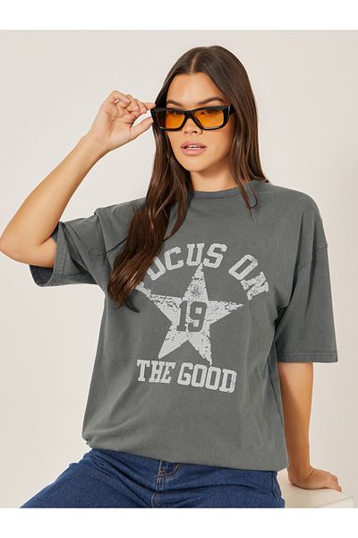 Styli Slogan Printed Acid Washed Oversized T-Shirt
