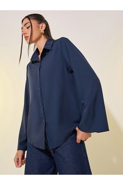 Take Two By Styli Navy Blue Spread Collar Plain Long Sleeve Blouse
