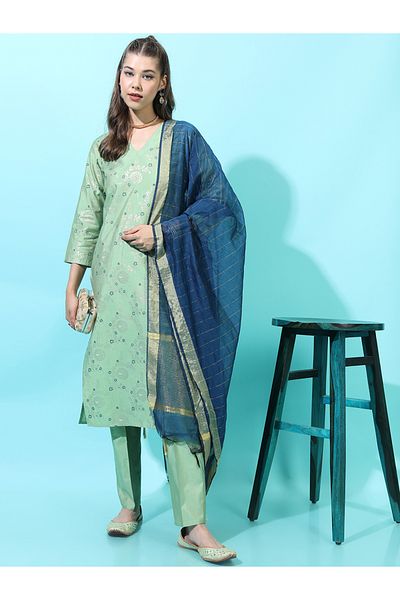 Vishudh By Styli Women Green Floral Kurta Set with Dupatta