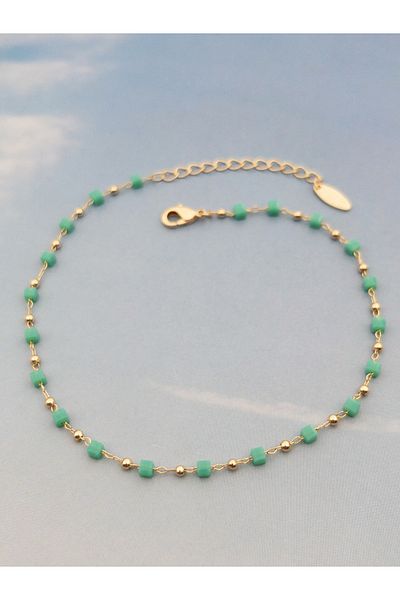 Siya Silver Turquoise Bead Detailed Cube Model Anklet