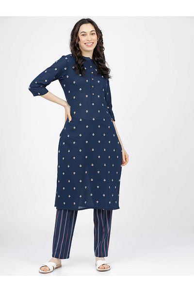 Vishudh By Styli Women Blue Printed Cotton Kurta with Palazzos