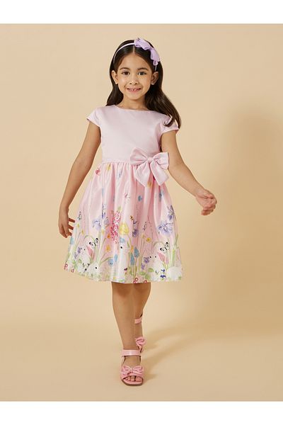 Styli Floral Print Short Sleeve Dress with Bow Detail