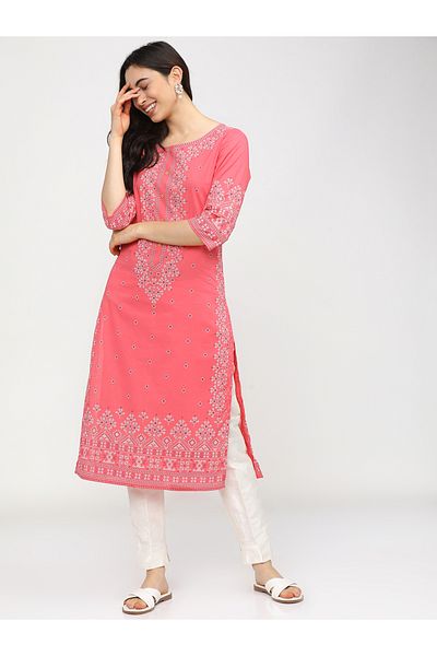 Vishudh By Styli Women Pink & White Geometric Printed Cotton Kurta
