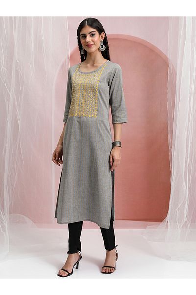 Vishudh By Styli Grey & Yellow Embroidered Cotton Kurta for Women