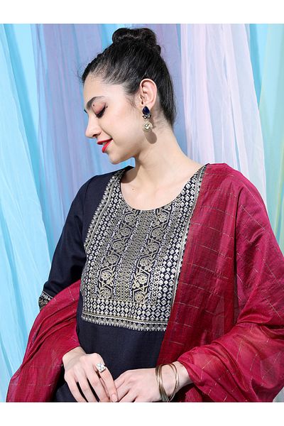 Vishudh By Styli Navy Blue Embroidered Kurta Set with Palazzos and Dupatta