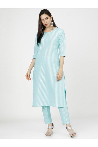 Vishudh By Styli Women Blue Striped Cotton Kurta Set with Dupatta