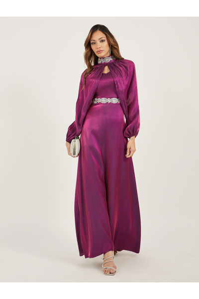 Styli Embellished Satin A-Line Maxi Dress with Detachable Cape Sleeves