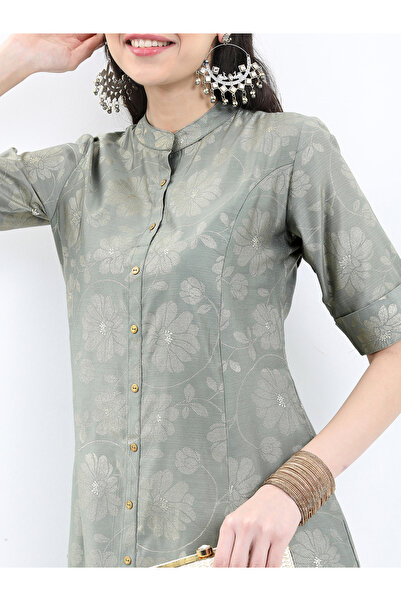 Vishudh By Styli Floral Printed Band Collar A-Line Kurta