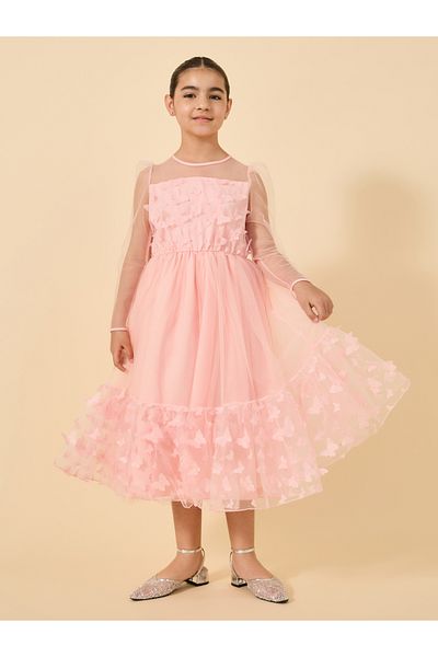 Styli Butterfly Appliques Mesh Insert Long Sleeve Dress
