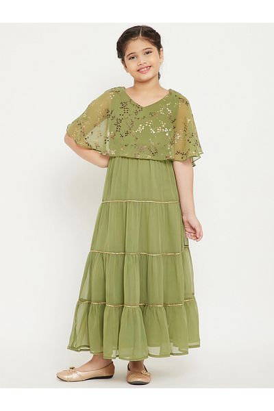 Stylo Bug By Styli Foil Print Cape Sleeves Tiered Maxi Dress