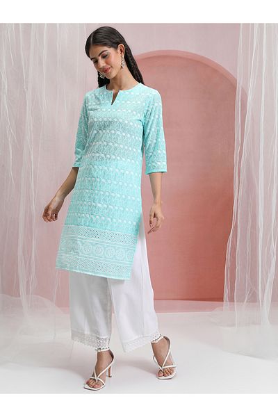 Vishudh By Styli Blue & White Floral Embroidered Round Notched Neck Straight Kurta