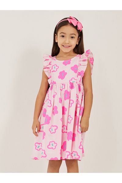 Styli Floral Print Ruffled Trim A-Line Dress