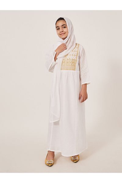 Styli Embroidered Yoke Round Neck Maxi Dress