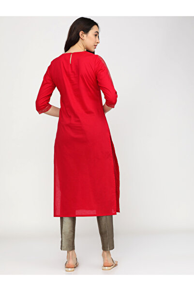 Vishudh By Styli Women Red Ethnic Motifs Printed Keyhole Neck Thread Work Kurta