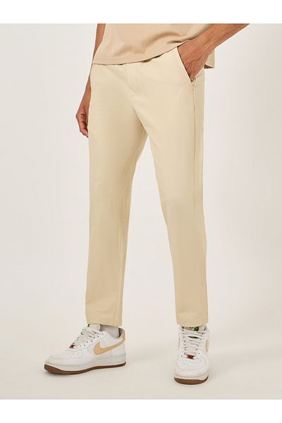 Fort Collins By Styli Men Beige Solid Straight Leg Pants with Drawstring Waist