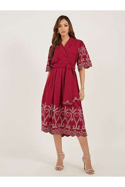 Styli Schiffli Detail Volume Sleeves A-Line Midi Dress