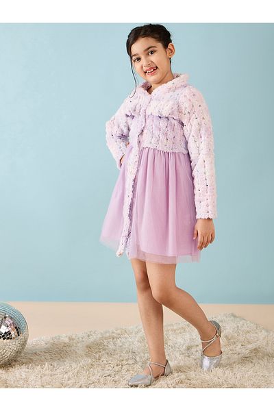 Stylo Bug By Styli Embroidered Faux Fur Design A-Line Dress