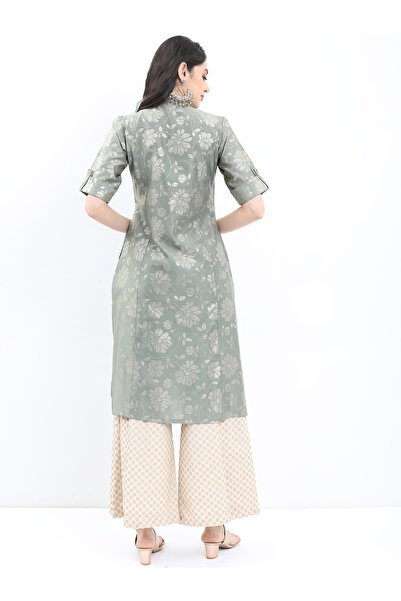 Vishudh By Styli Floral Printed Band Collar A-Line Kurta