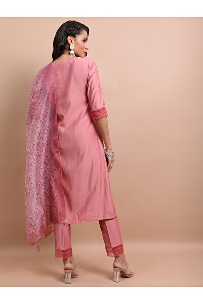 Vishudh By Styli Pink Embroidered Kurta Set with Trouser and Dupatta