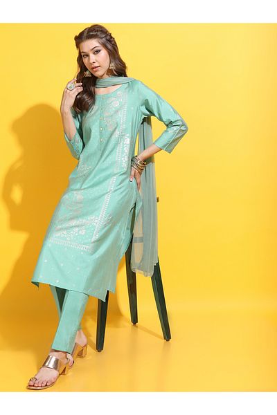 Vishudh By Styli Women Green Printed Viscose Kurta Set