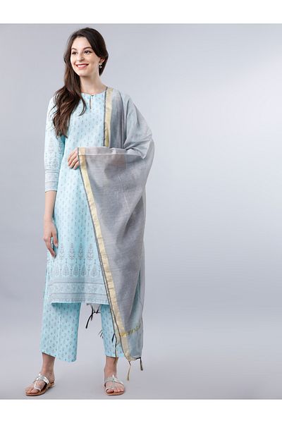 Vishudh By Styli Women Blue Cotton Printed Kurta Set
