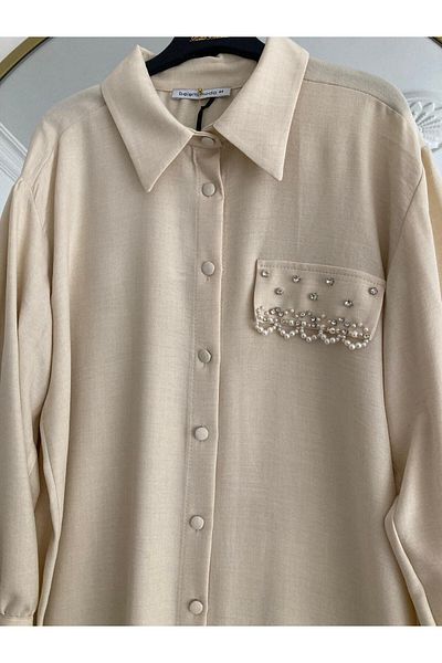 Belemir Rstm Boutique Long Front Button Stone Detailed Wrinkle Free Linen Fabric Tunic