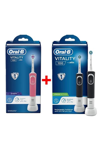 Oral-B أورال بي فرشاه اسنان قابله لاعاده الشحن مزود بمؤقت رباعي  اسود و وردى  قطعتين