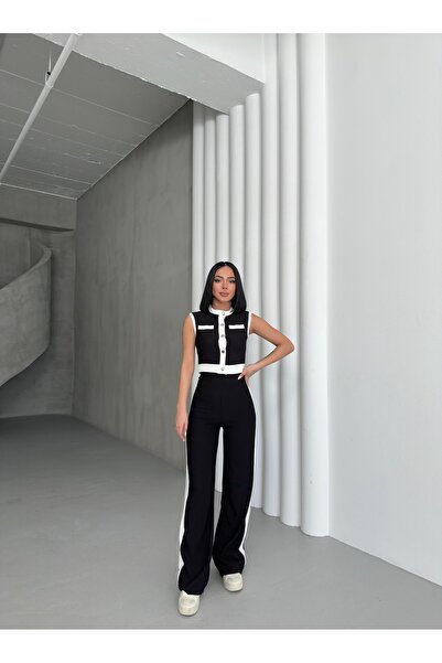 BEJNA Női fekete ujjatlan csíkos részletes alsó felső szett