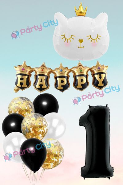Party City Σετ μπαλονιών με θέμα το λευκό γάτο 1 έτους με στέμμα, σετ γιορτής γενεθλίων