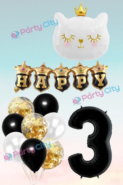 Party City Σετ μπαλονιών με θέμα το λευκό γάτο 3 ετών με στέμμα, σετ γιορτής γενεθλίων