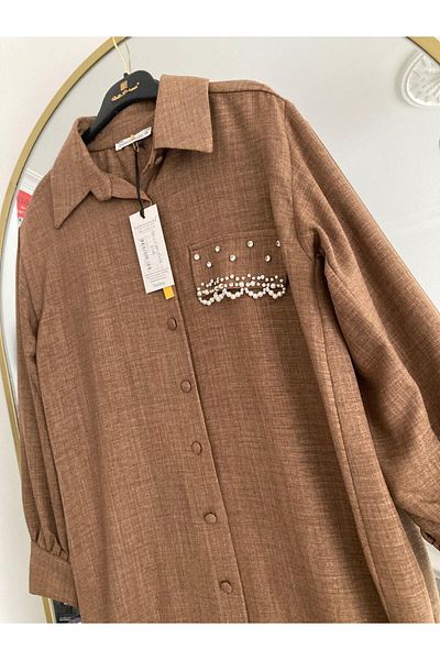 Belemir Rstm Boutique Long Front Button Stone Detailed Wrinkle Free Linen Fabric Tunic