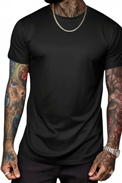 NO 601 تيشيرت رياضي رجالي أسود بقصة ضيقة من نسيج شبكي يسمح بمرور الهواء