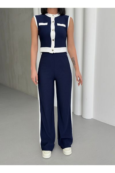 BEJNA Marineblaues, ärmelloses, gestreiftes Oberteil-Set für Damen