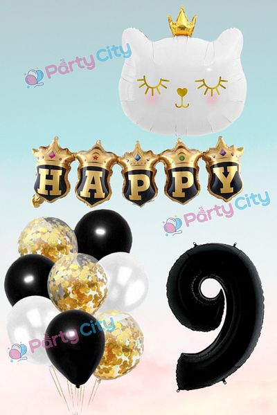 Party City Σετ μπαλονιών με θέμα το λευκό γάτο 9 ετών με στέμμα, σετ γιορτής γενεθλίων