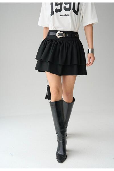 Butik Fustă mini neagră cu volane și fermoar