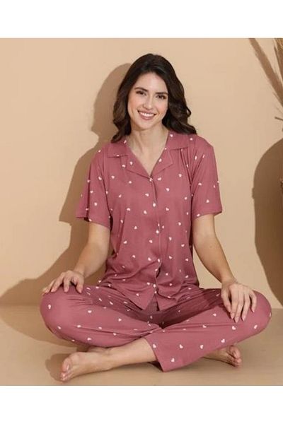 BAHHAR Women's Gray Short Sleeve, Front Button, Shirt Collar, No Pocket, Straight Leg, Milan Pajama Set