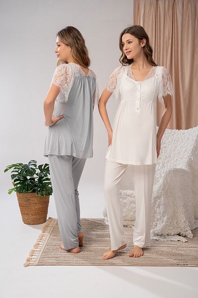 Lohussa Women's Gray Lace Summer Special Design Cotton Maternity Maternity Pajama Set
