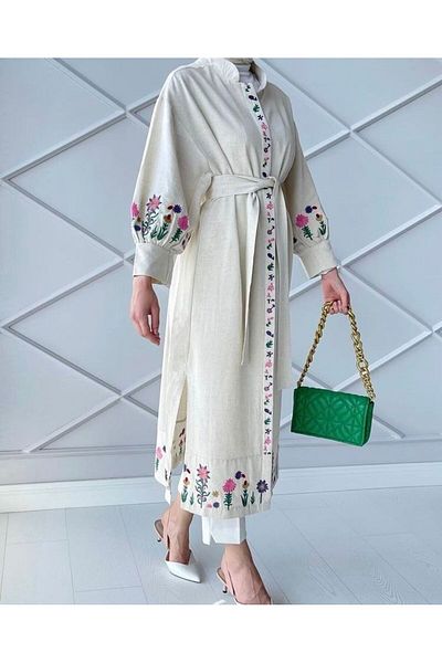 Lavanta Tekstil Linen Belted Flower Embroidered Kimono