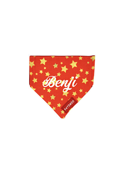 PATİMİO Isme Özel Kedi Ve Köpek Red Gold Stars Tasma Fular Bandana