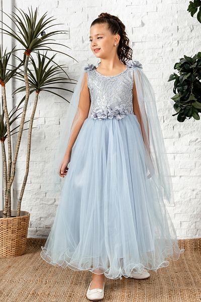 happyTekstil Girl's Detailed Embroidered Evening Dress - Indigo
